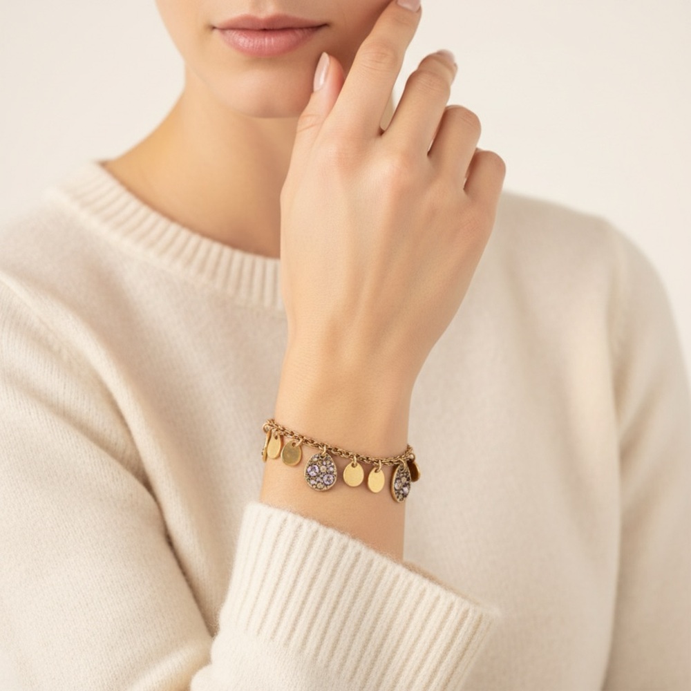 Gold Bracelet with White Charm Crystals